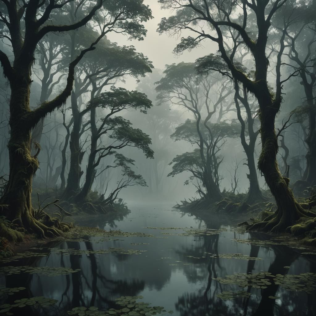 Eerie Liminal Forest Scene with Fog and Water