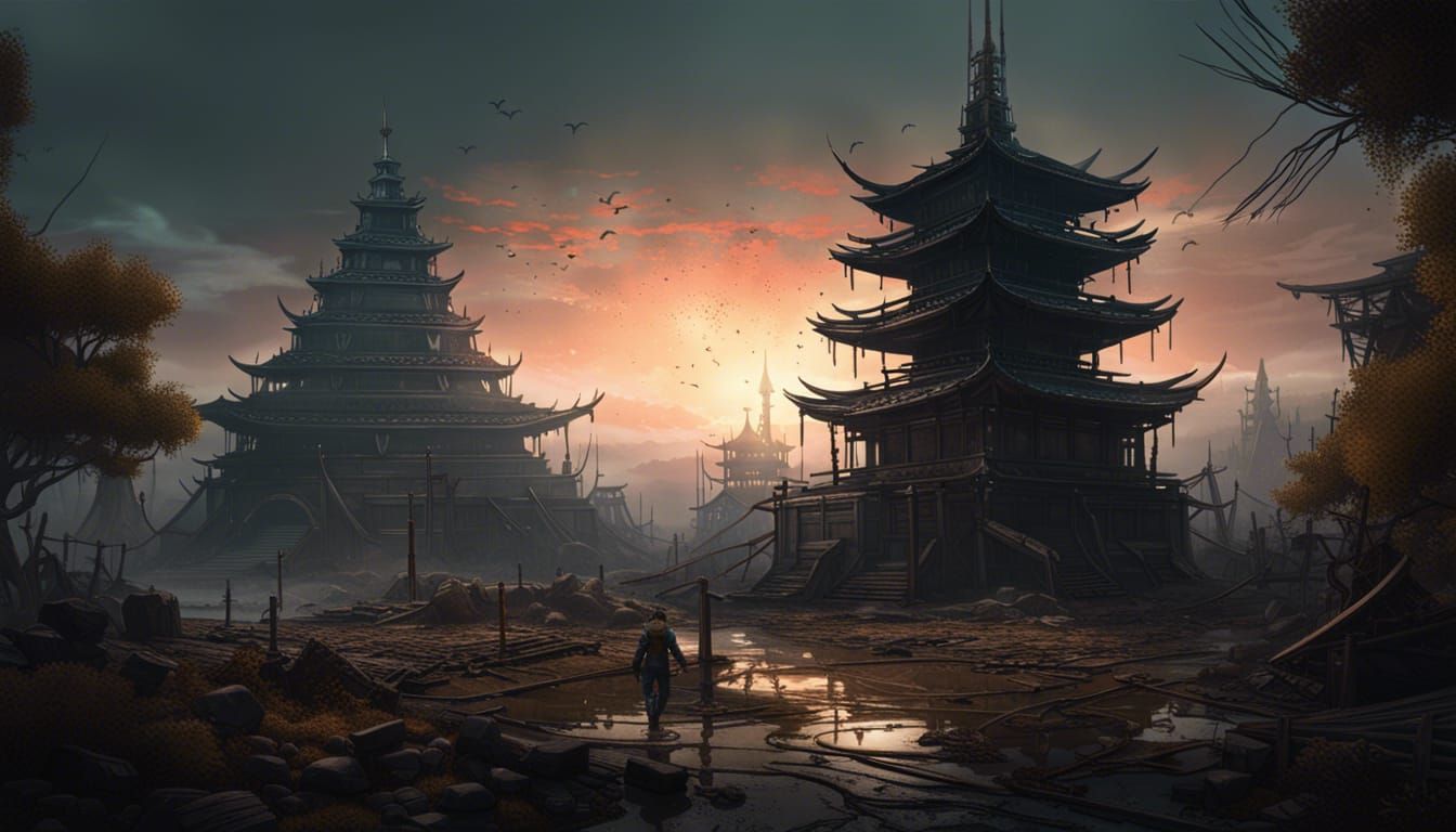 Post-Apocalyptic Pagoda Landscape: Dark Fantasy Concept Art