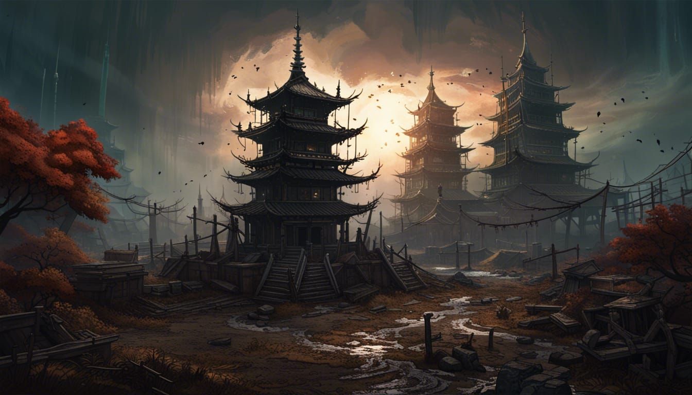 Post-Apocalyptic Pagoda in Dark Fantasy Style