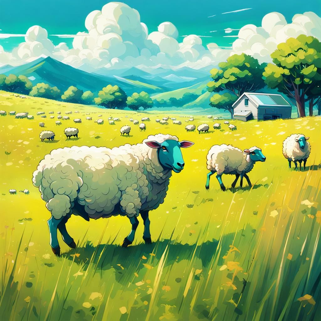 Smartphone Sheep in Ghibli-esque Pastoral Scene