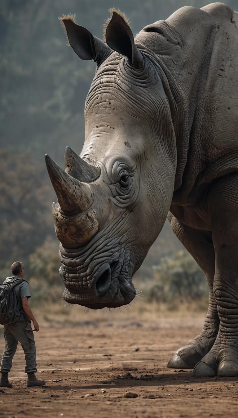 A human close to a rhino.
Full body perspective, photorealis...