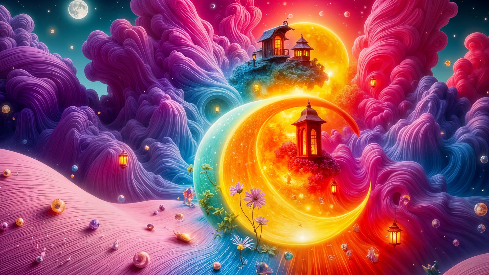 Miniature Village Inside Ornate Crescent Moon as Impasto