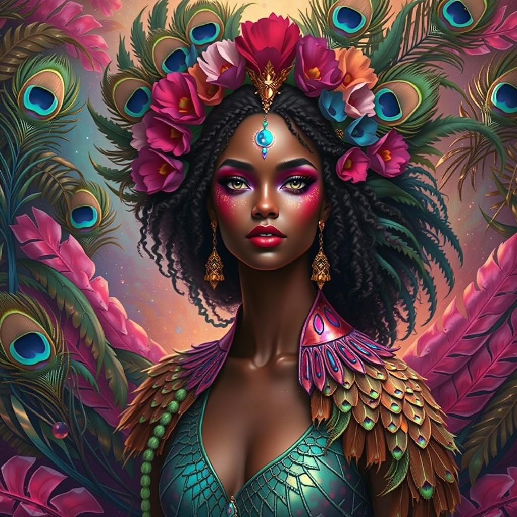 Iridescent Woman with Peacock Hair, a Digital Painting