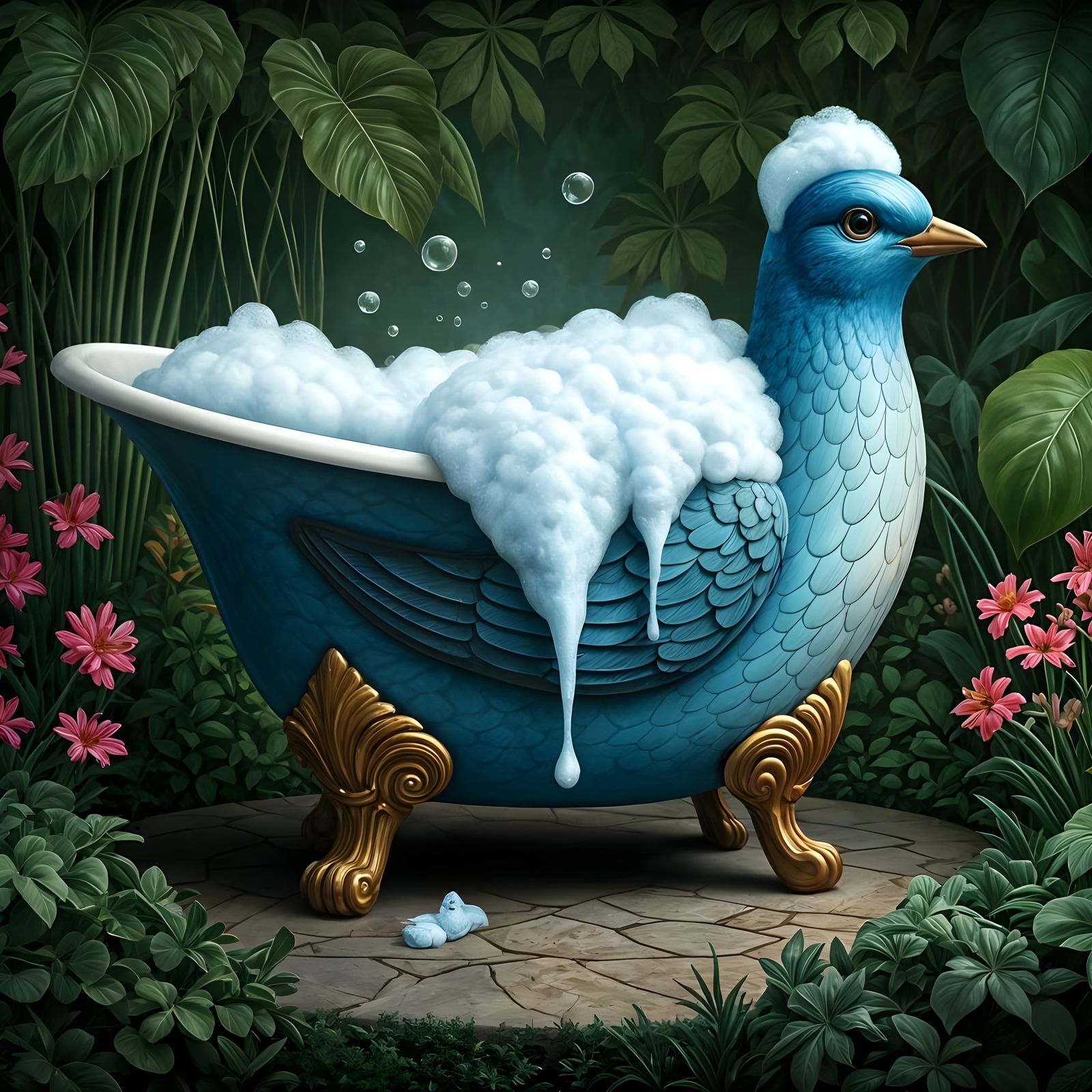 Elegant Bluebird Shaped Bathtub in a Serene Garden