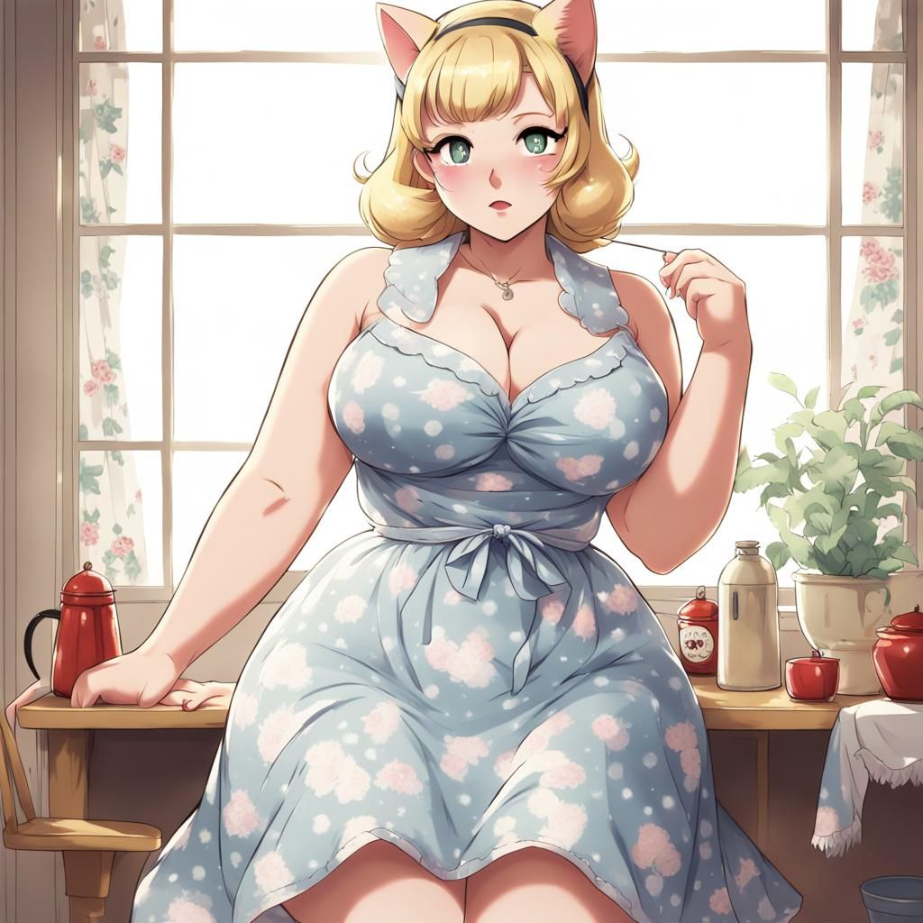 Anime Cat-Girl Housewife in 1950s Dress
