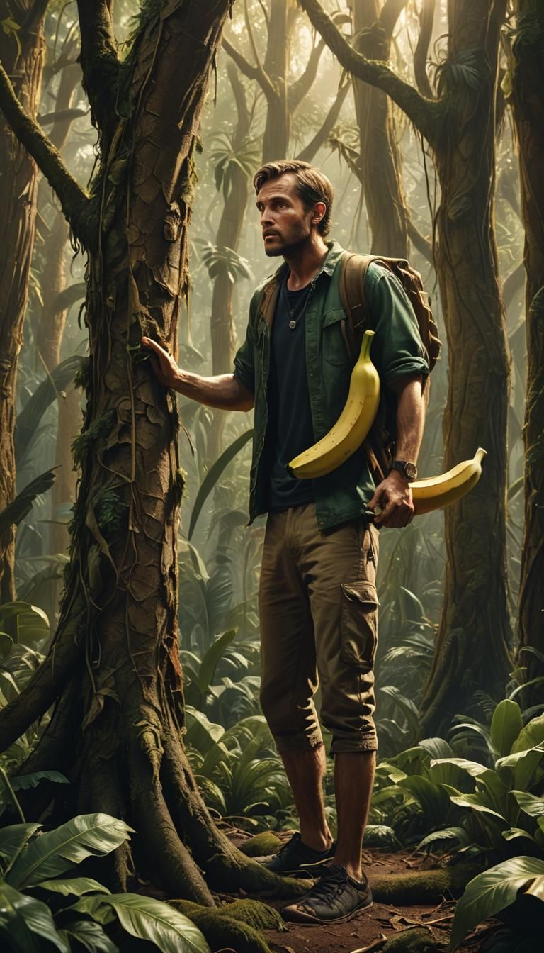 Scared Man with Banana in Mystical Forest