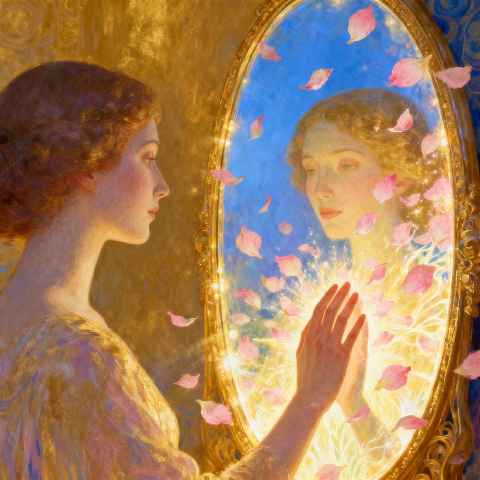 Woman Touches Luminous Mirror, Worries Turn to Petals