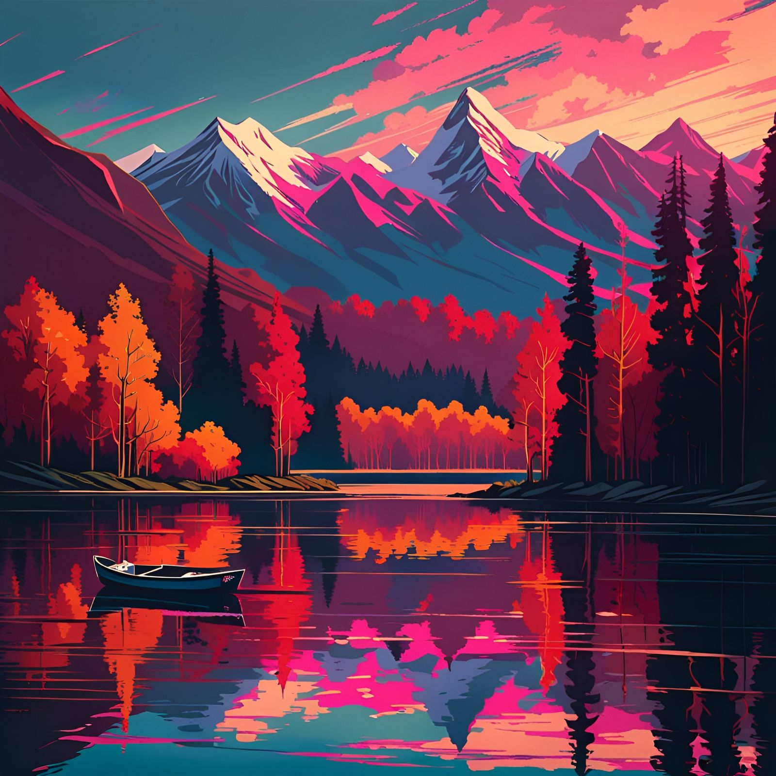 Tranquil Lake Reflections in Digital Painting Style