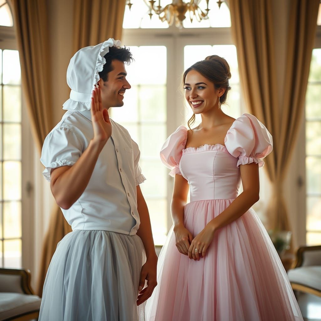 Chiseled Man Struts in Whimsical Dress, Surrounded by Luxury