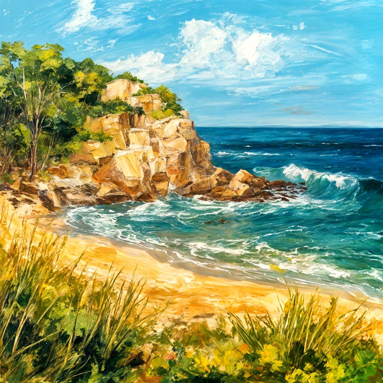 Impasto Beachside Landscape with Sunny Skies and Crashing Wa...