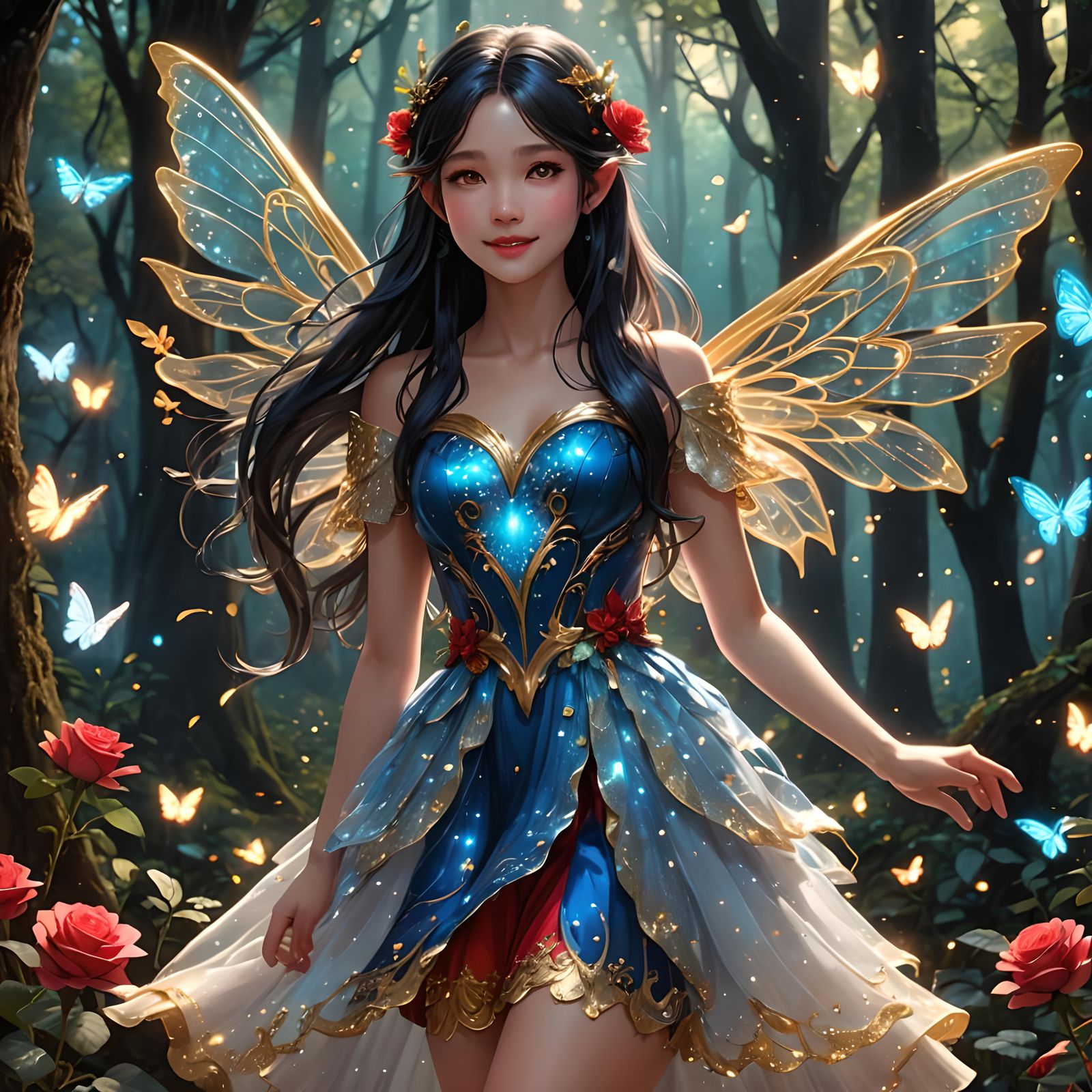 Beautiful Fairy with Glowing Wings in Enchanted Forest