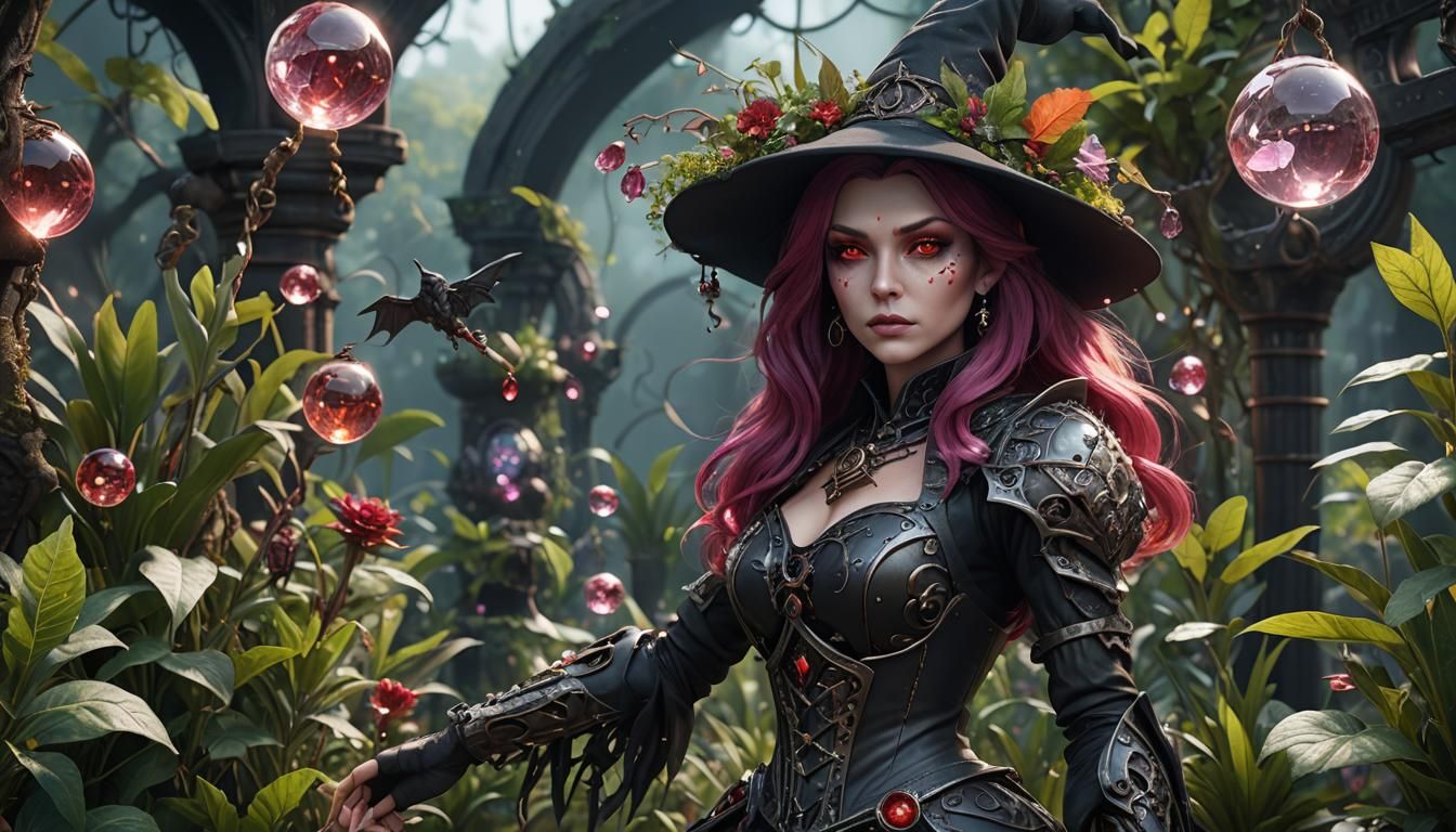 Beautiful Witch Infusing Magic in Sci-Fi Lab