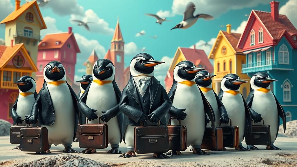 Penguins in Suits with Flying Houses, Surrealist Architectur...