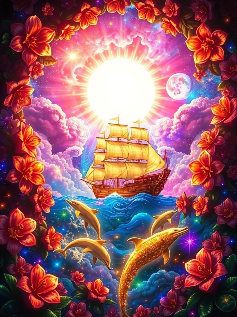 Golden Ship Sails Cosmic Nebula with Neon Sea Life