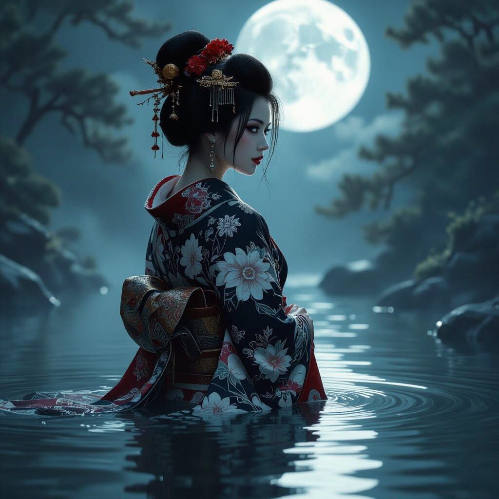 Geisha in Moonlit Pool with Tattoo: Dark Ink Art