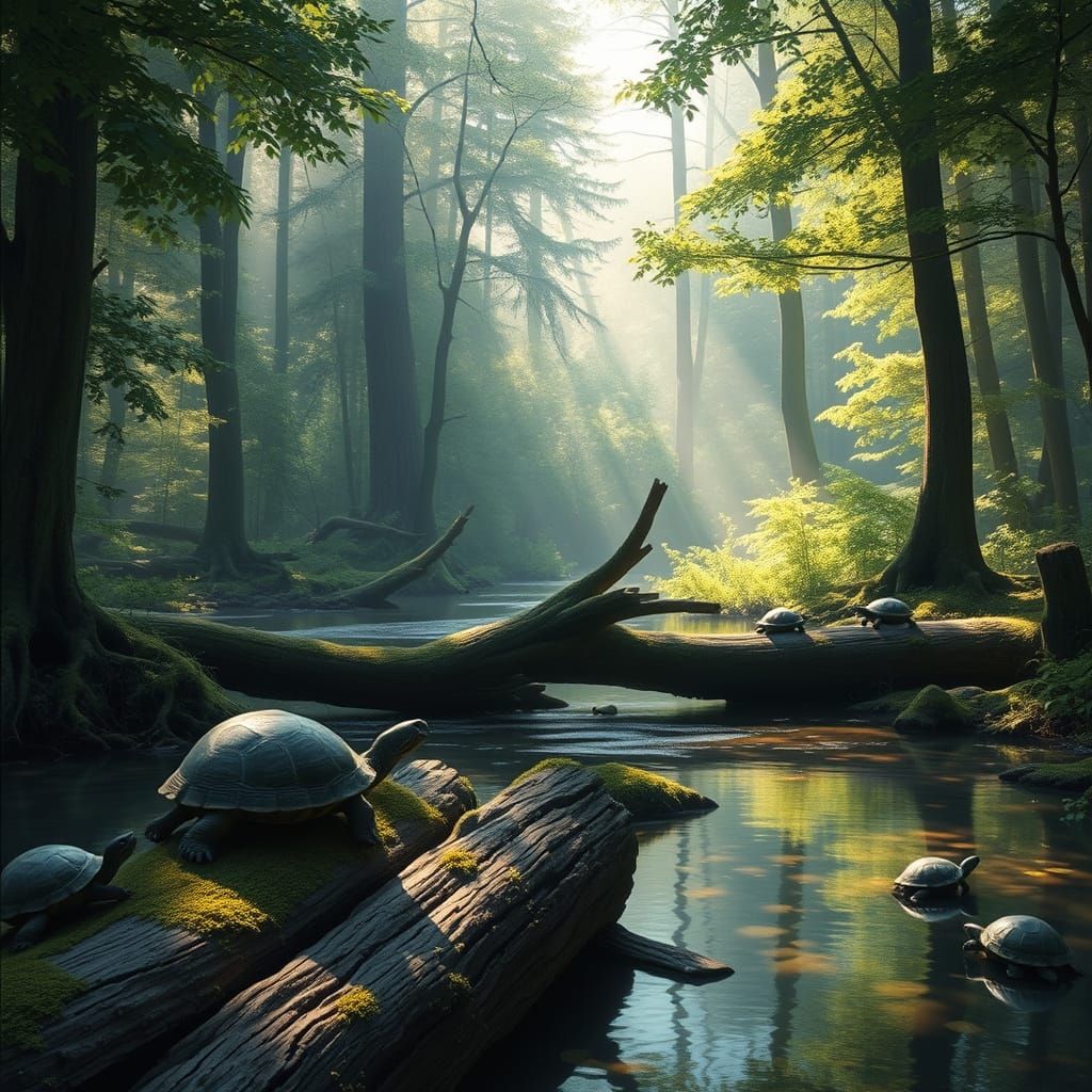 Misty Forest Creek with Turtles, Photorealistic Style
