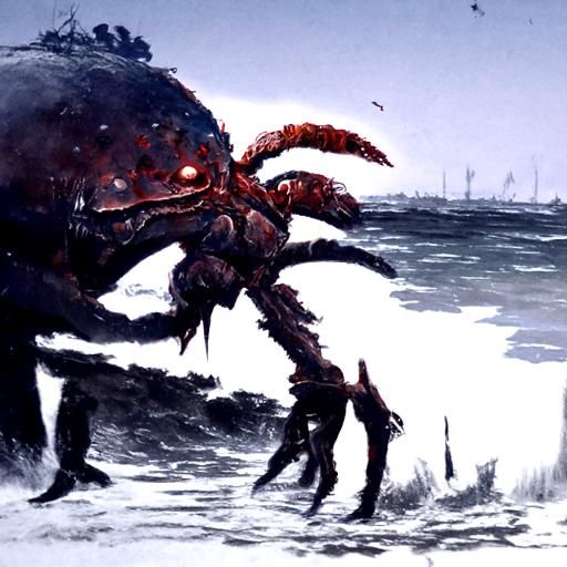Sinister Smiling Giant Crab Monster Approaching