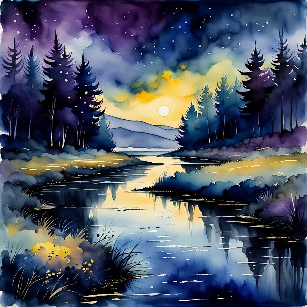 Ethereal Night Landscape in Watercolor and Ink