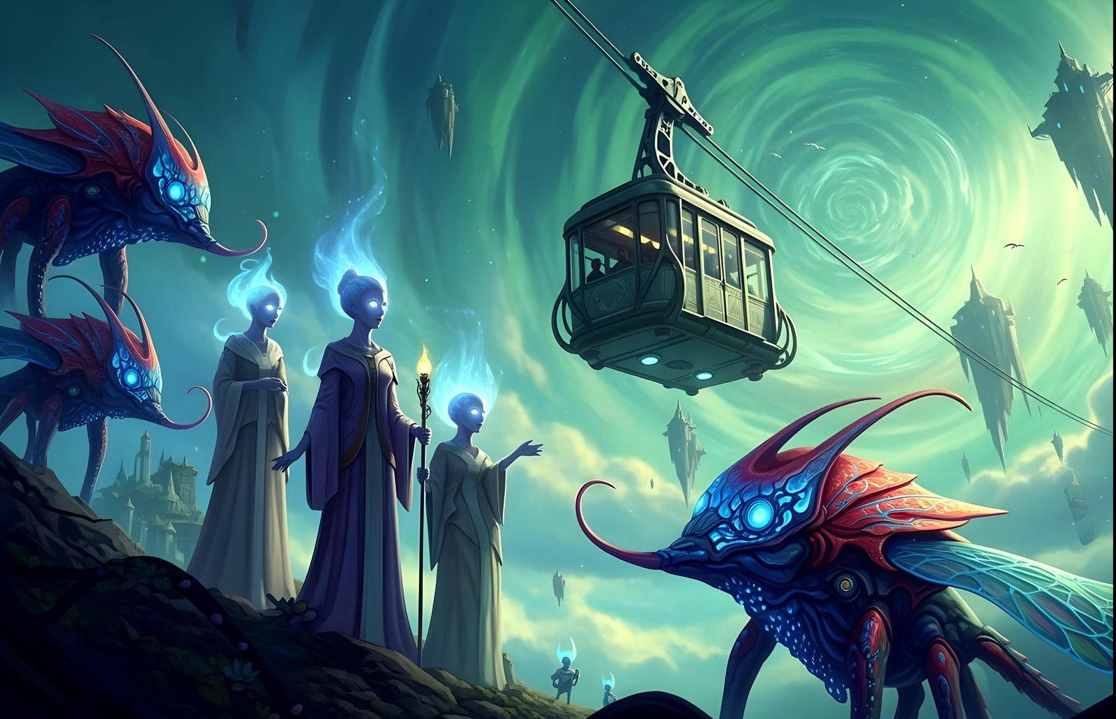 Ethereal Vanguard Cable Cars in Exoplanetary Sky