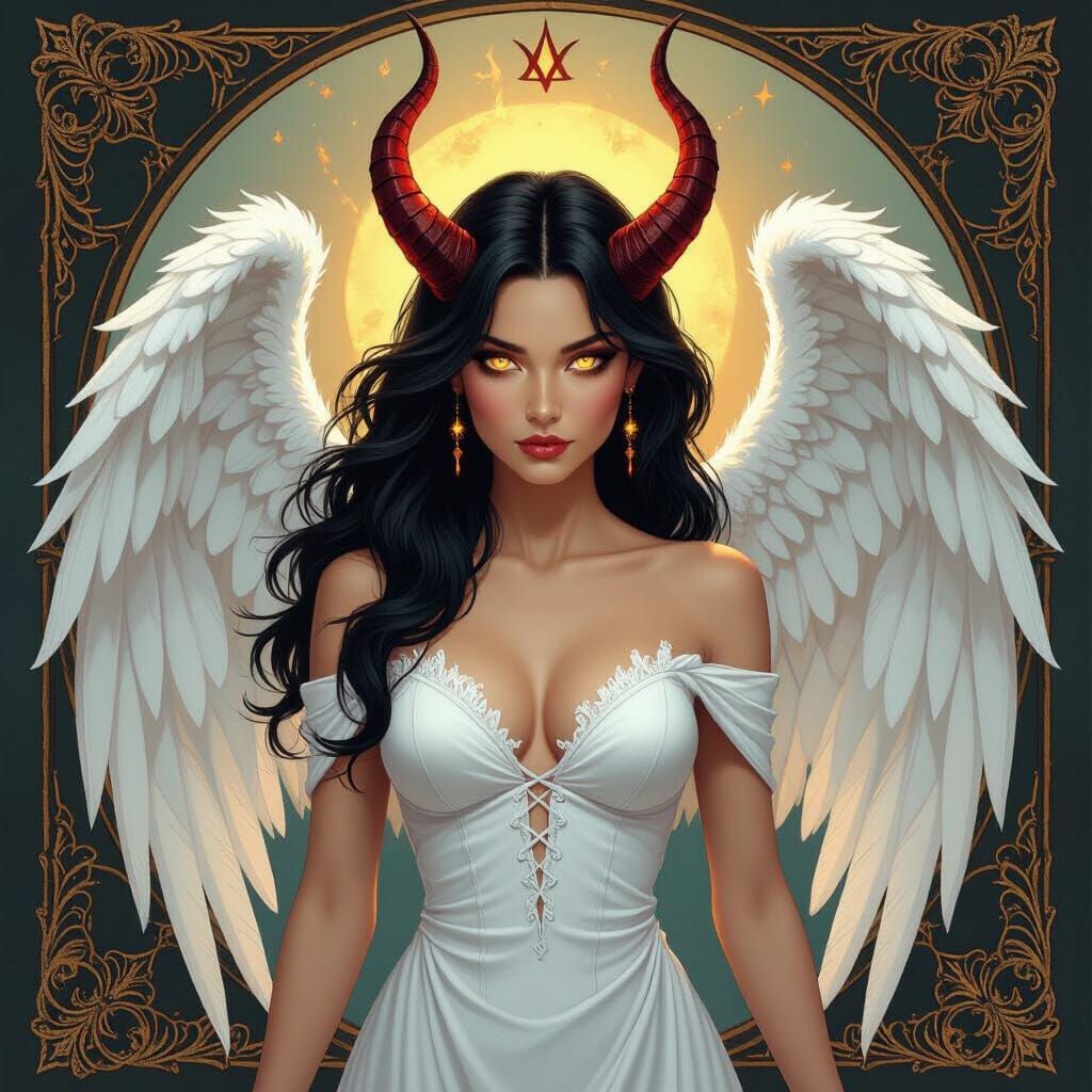 Dual Nature Woman With Angel Wings and Demon Horns