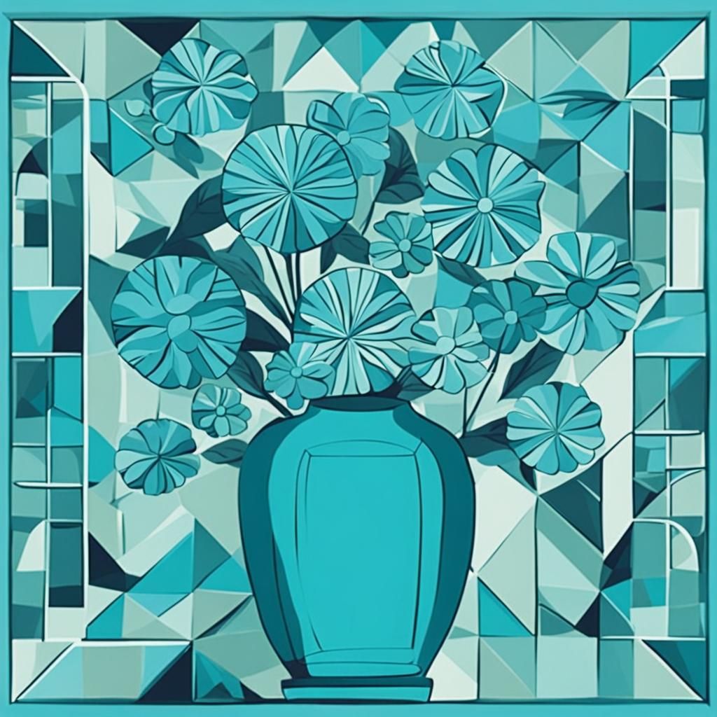 Geometric Turquoise and Blue Flowers in Vase