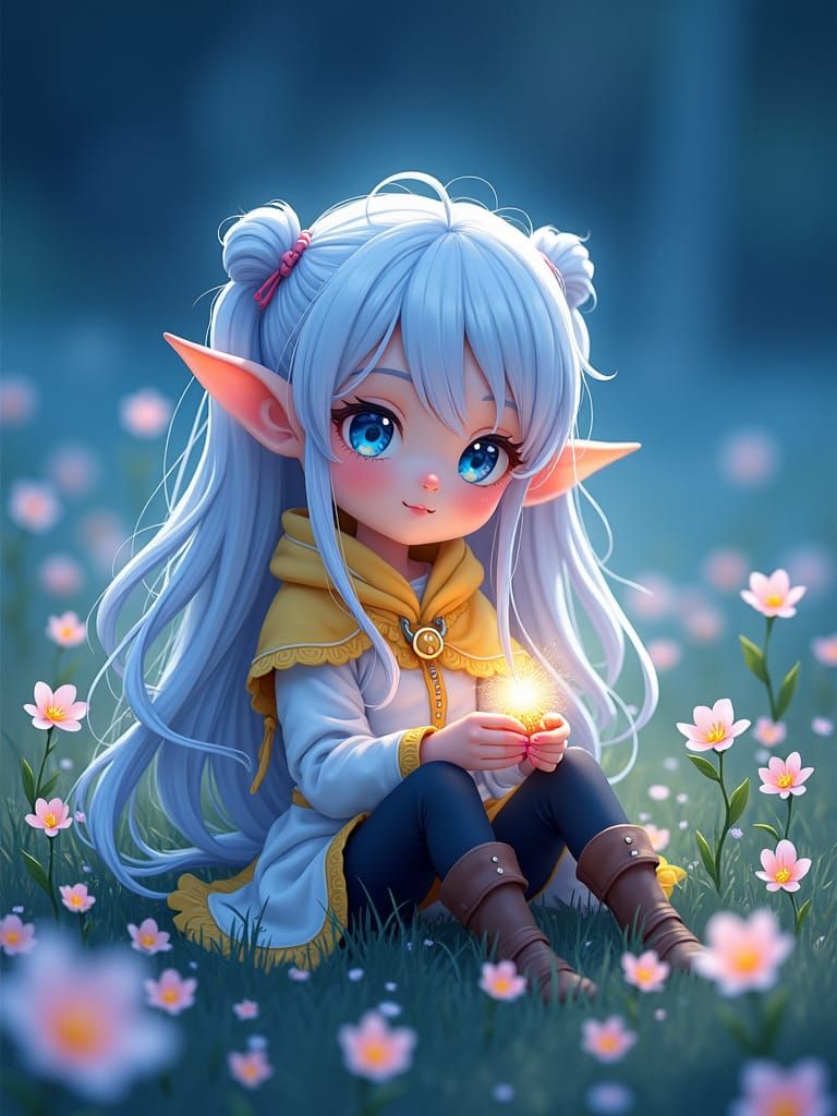 Cute Chibi Elf in Magical Flower Field