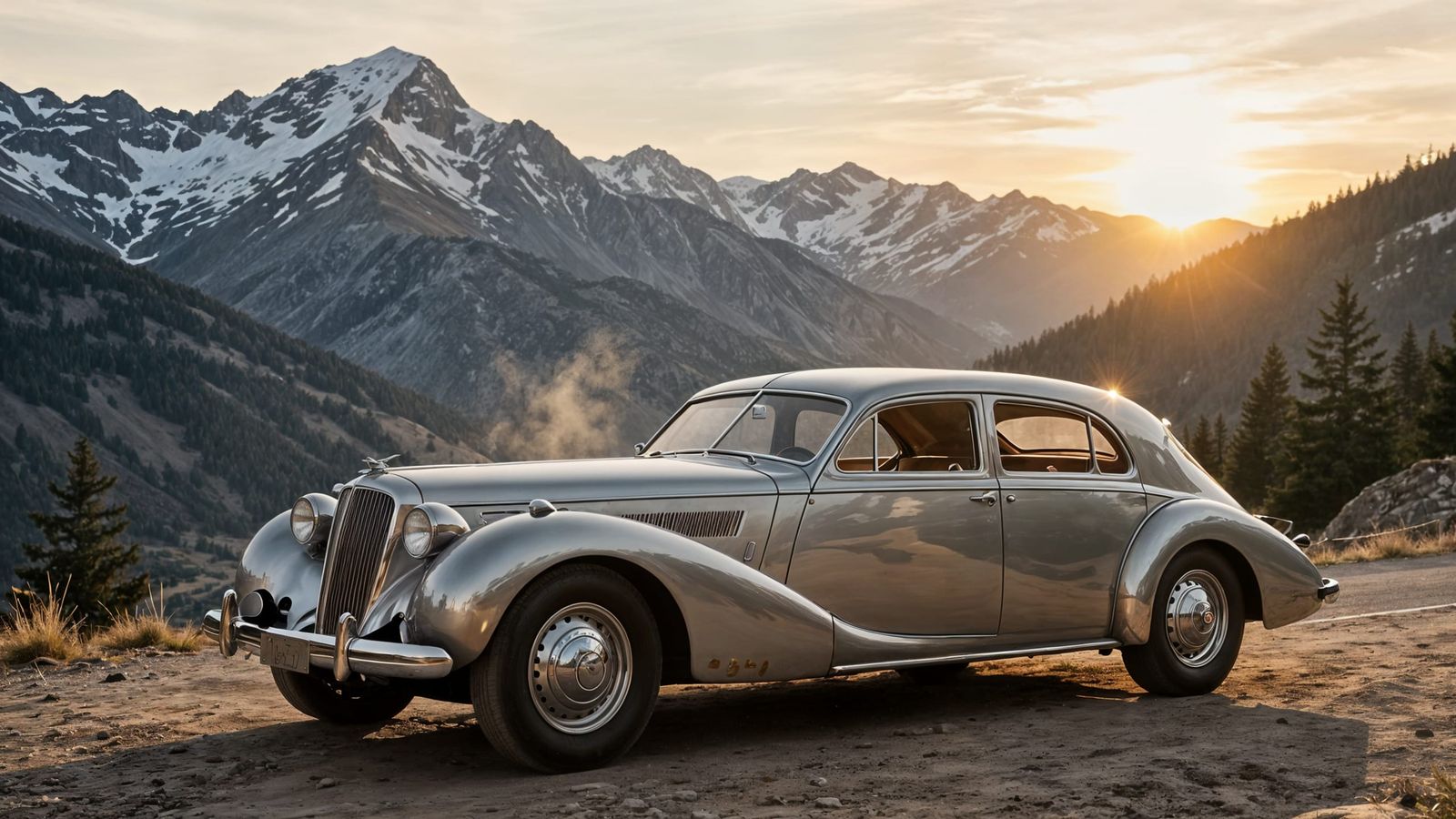 1930s Silver Luxury Limousine at Sunset Mountain View