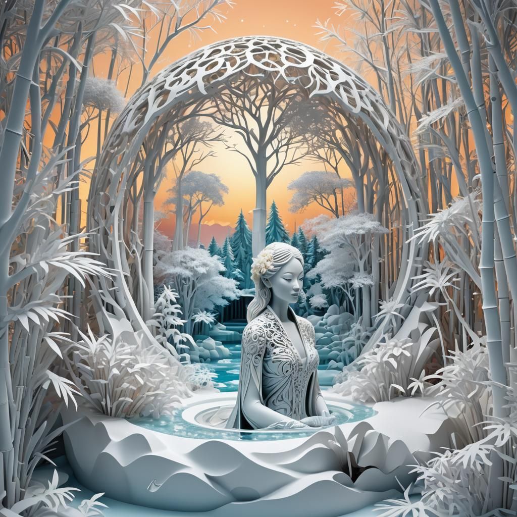 Snow Globe: White Bamboo Forest with Humanoid Woman