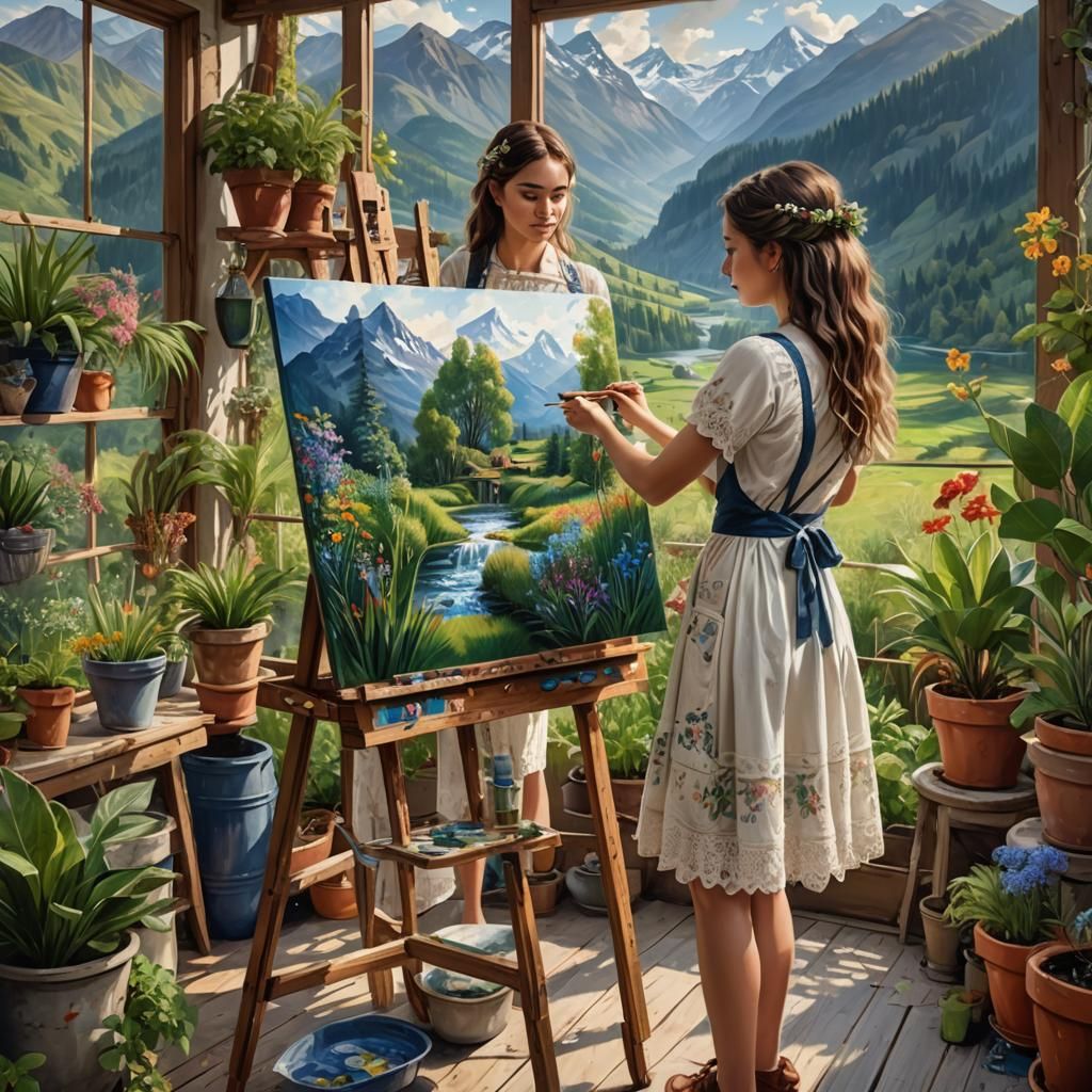 Young Artist in Bohemian Art Room with Mountain View