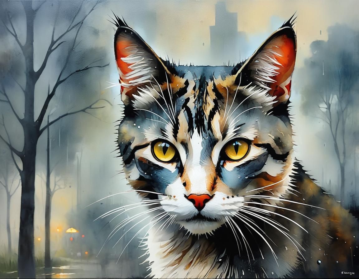 Rainy Morning City Park Cat: Encaustic Painting