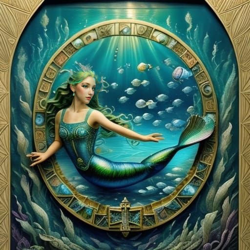 Art Deco Mermaid Portrait in Atlantis Ruins