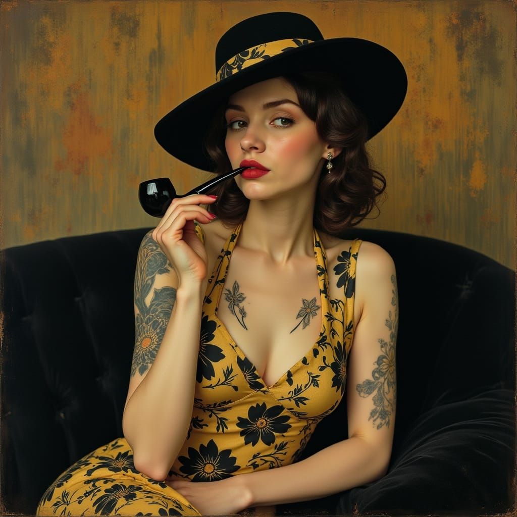 Elegant Woman with Tattoo in Art Nouveau Style