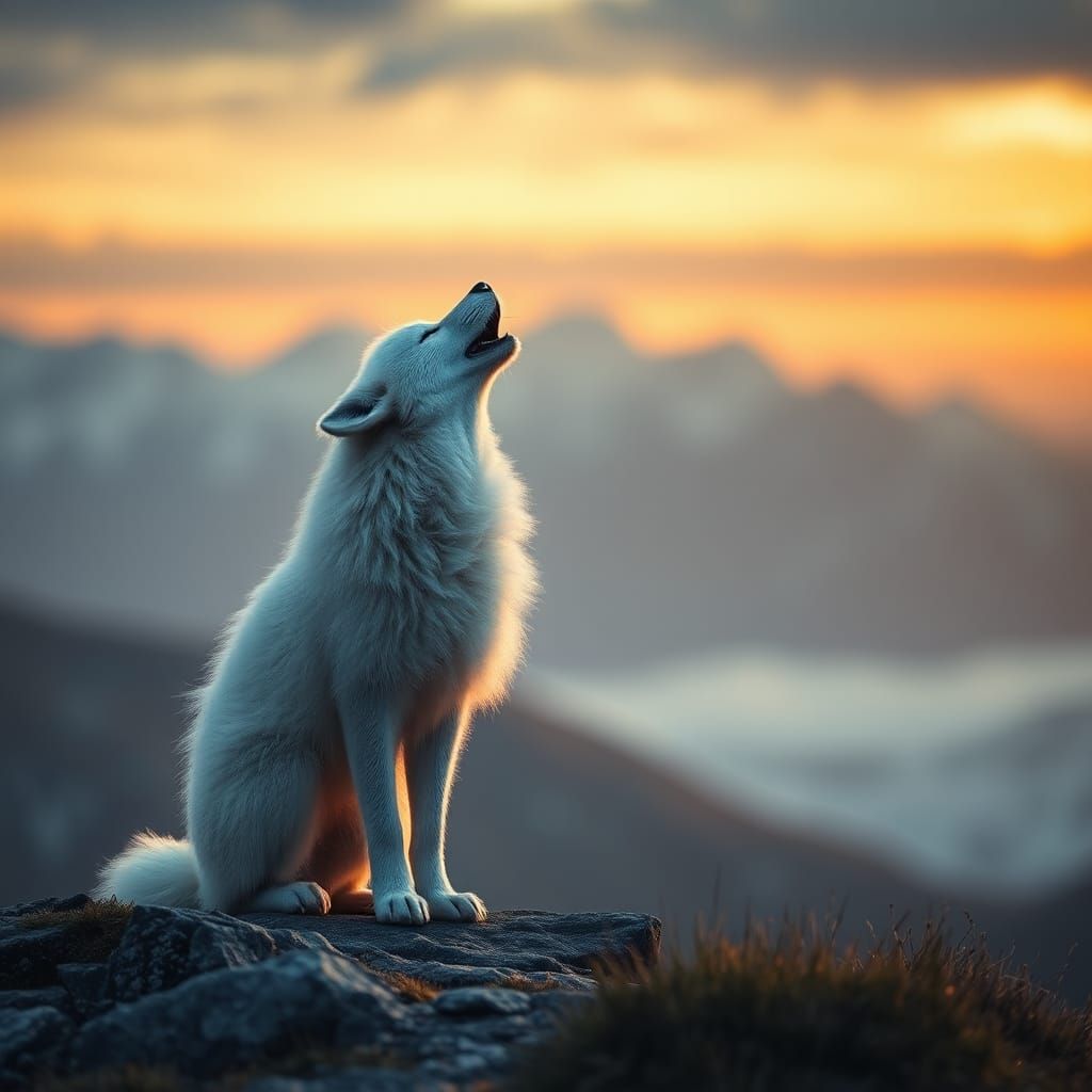 White Fox Howling at Dawn, Hyperrealistic Image