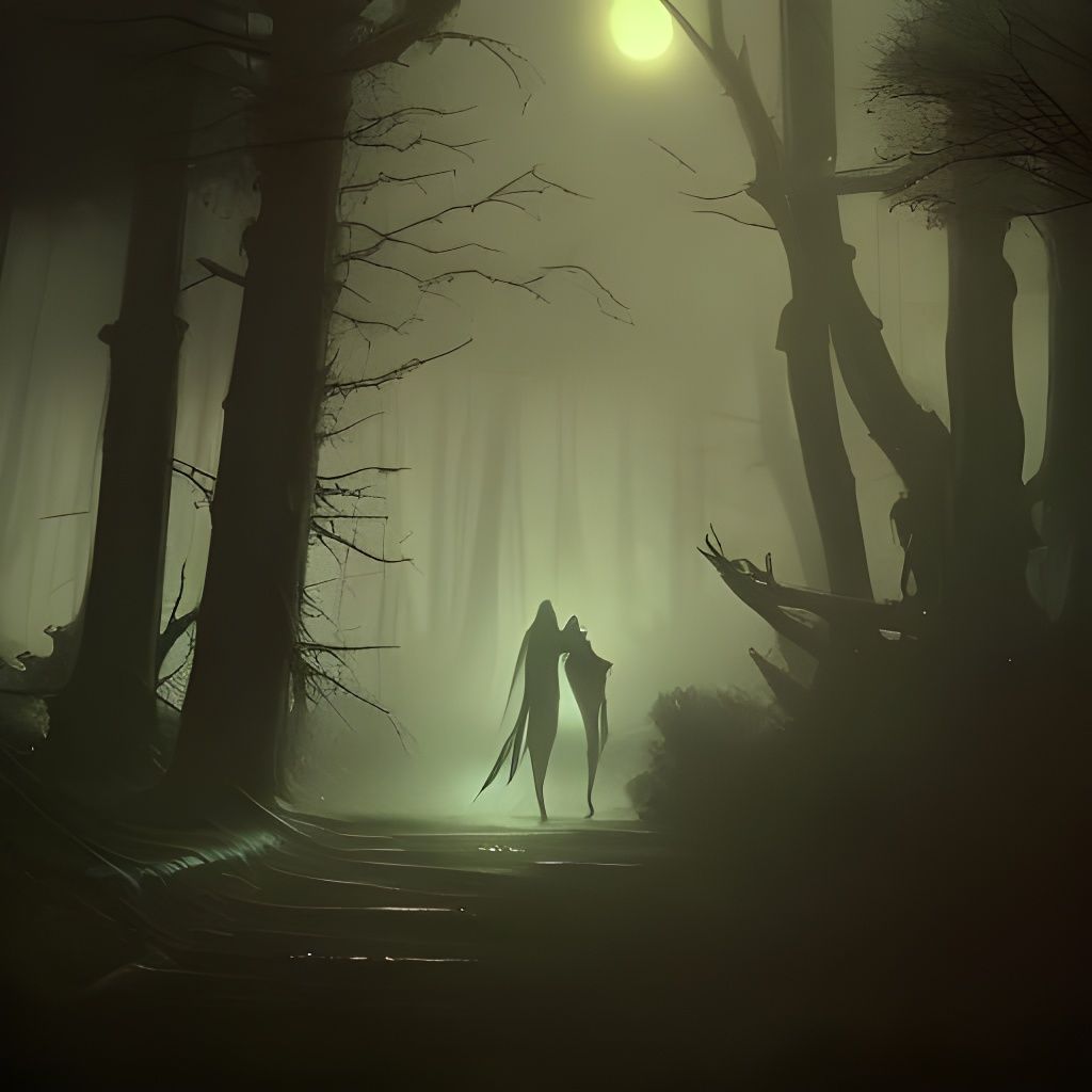 Sinister Witch in Haunted Forest with Volumetric Lighting