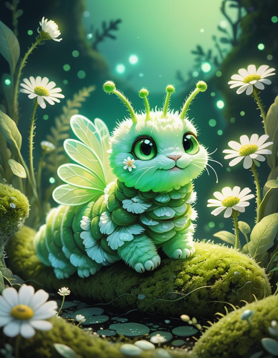 Neon Caterpillar with Ethereal Flower, Digital Illustration