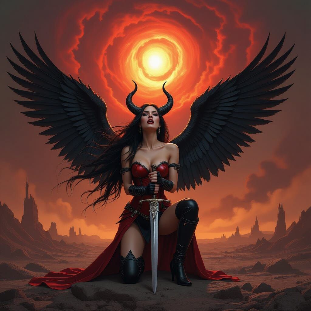 Fallen Goddess in War-Torn Landscape