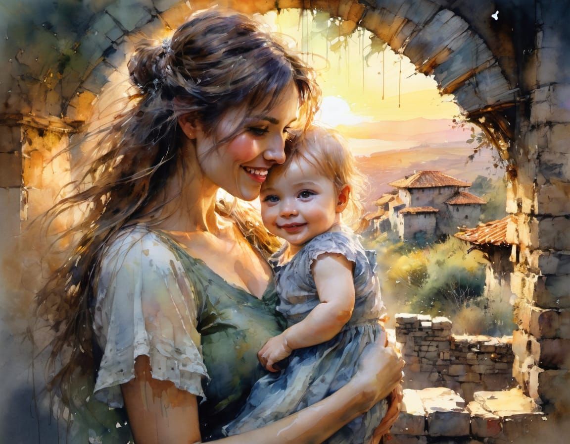 Whimsical Watercolor Portrait of a Mother and Child in a Fai...
