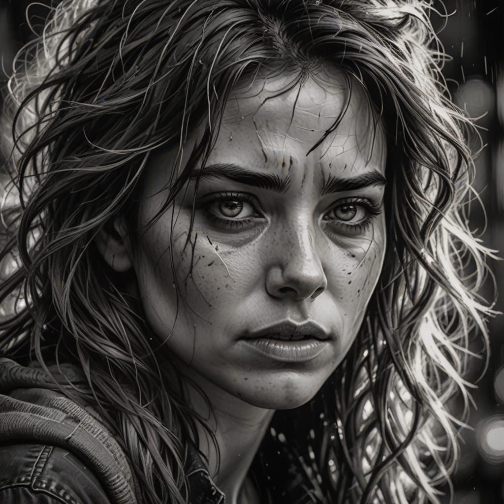 Monochrome Masterpiece: Distressed Portrait with Intense Gaz...