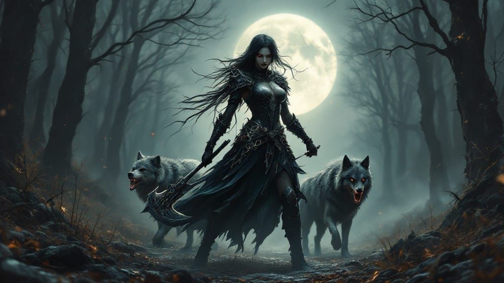 Dark Gothic Female Warrior with Axes and Wolves
