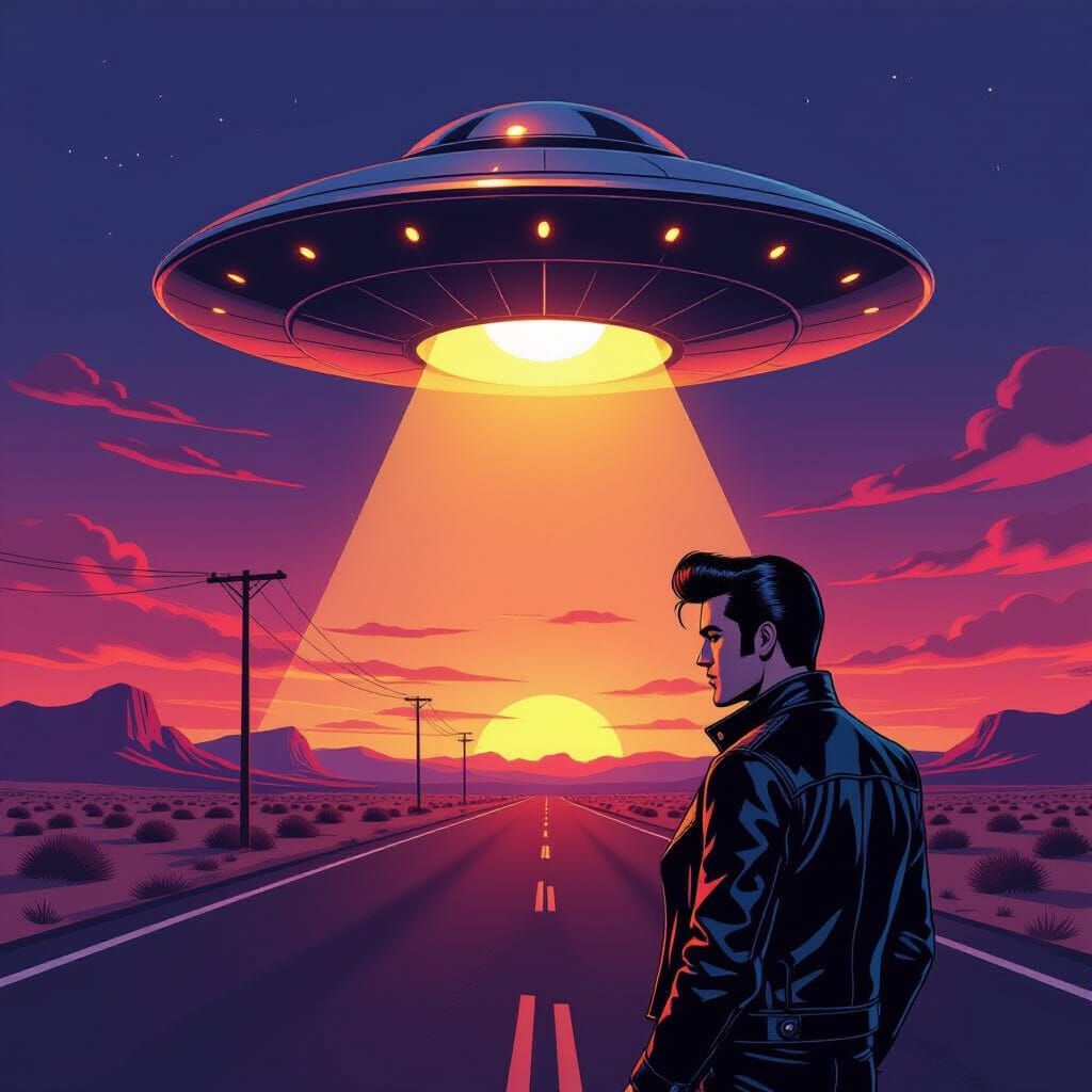 Elvis Hitchhiking Under UFO in Desert Twilight Comic Style