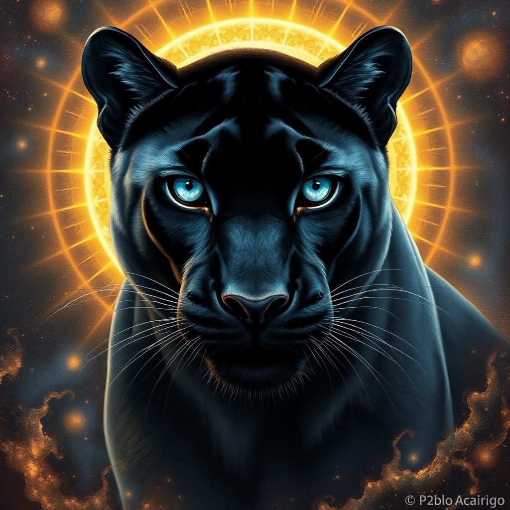 Cosmic Black Panther with Golden Halo in Visionary Style