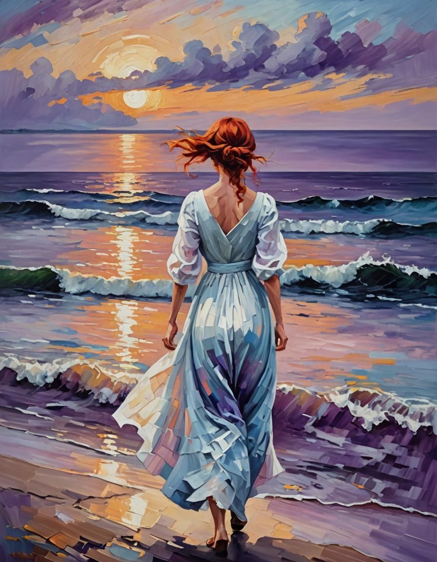 Woman at Sunset: An Expressionist Impasto Painting