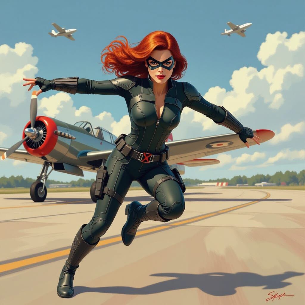 Superheroine Inspired by Black Widow Chasing Airplane