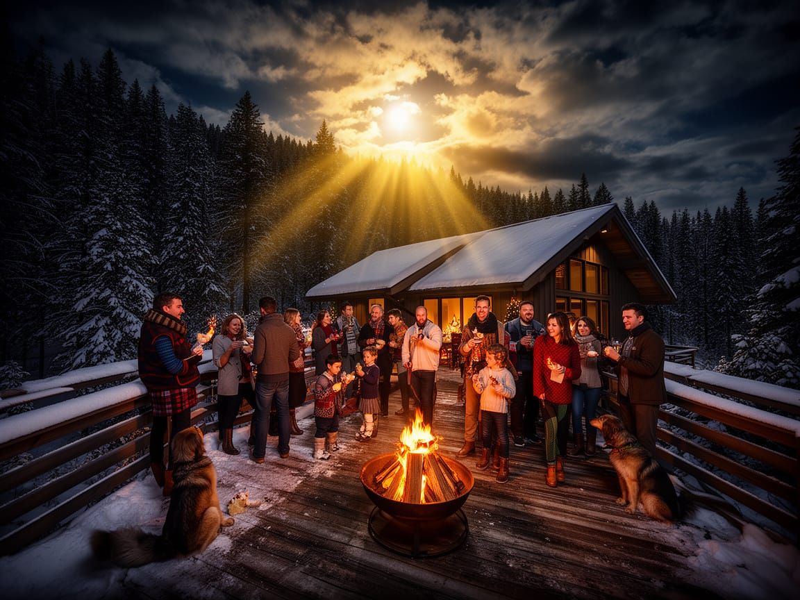 Christmas party on snow covered deck