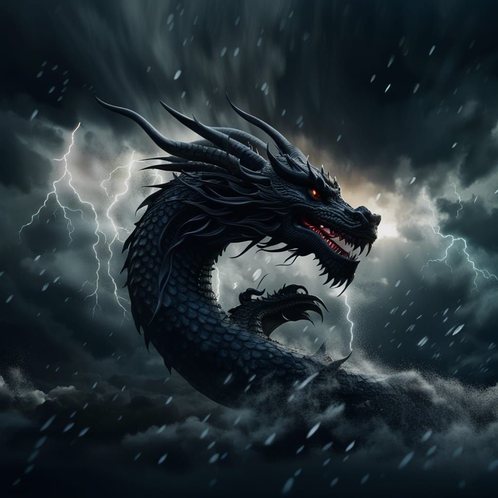 Fierce Black Dragon Soars Through Epic Storm