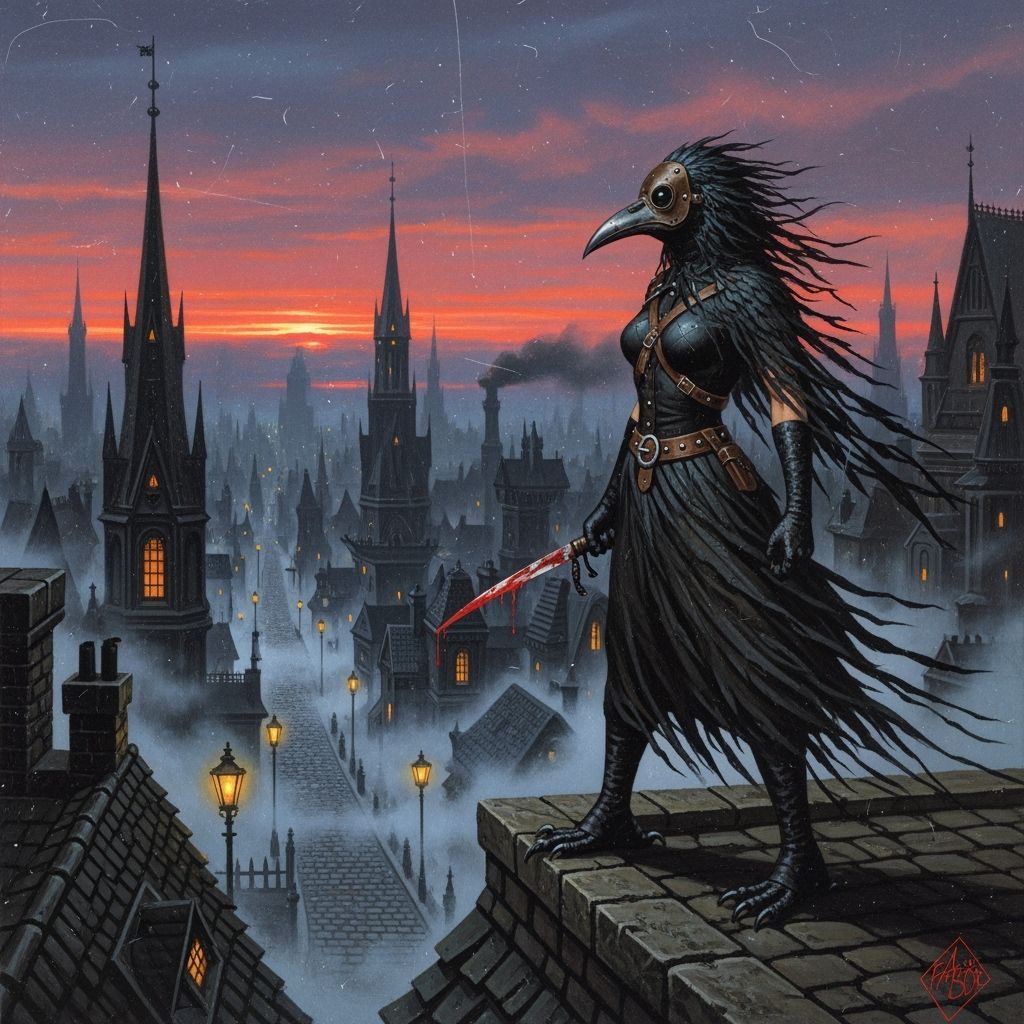 Eileen the Crow in Gothic Cityscape