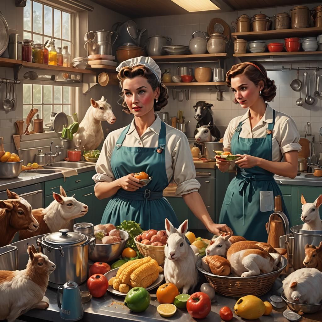 1950s Kitchen with Dressed Farm Animals: Detailed Portrait
