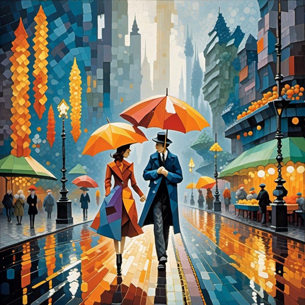 Cubist Couple Under Umbrellas in Rainy Art Deco City