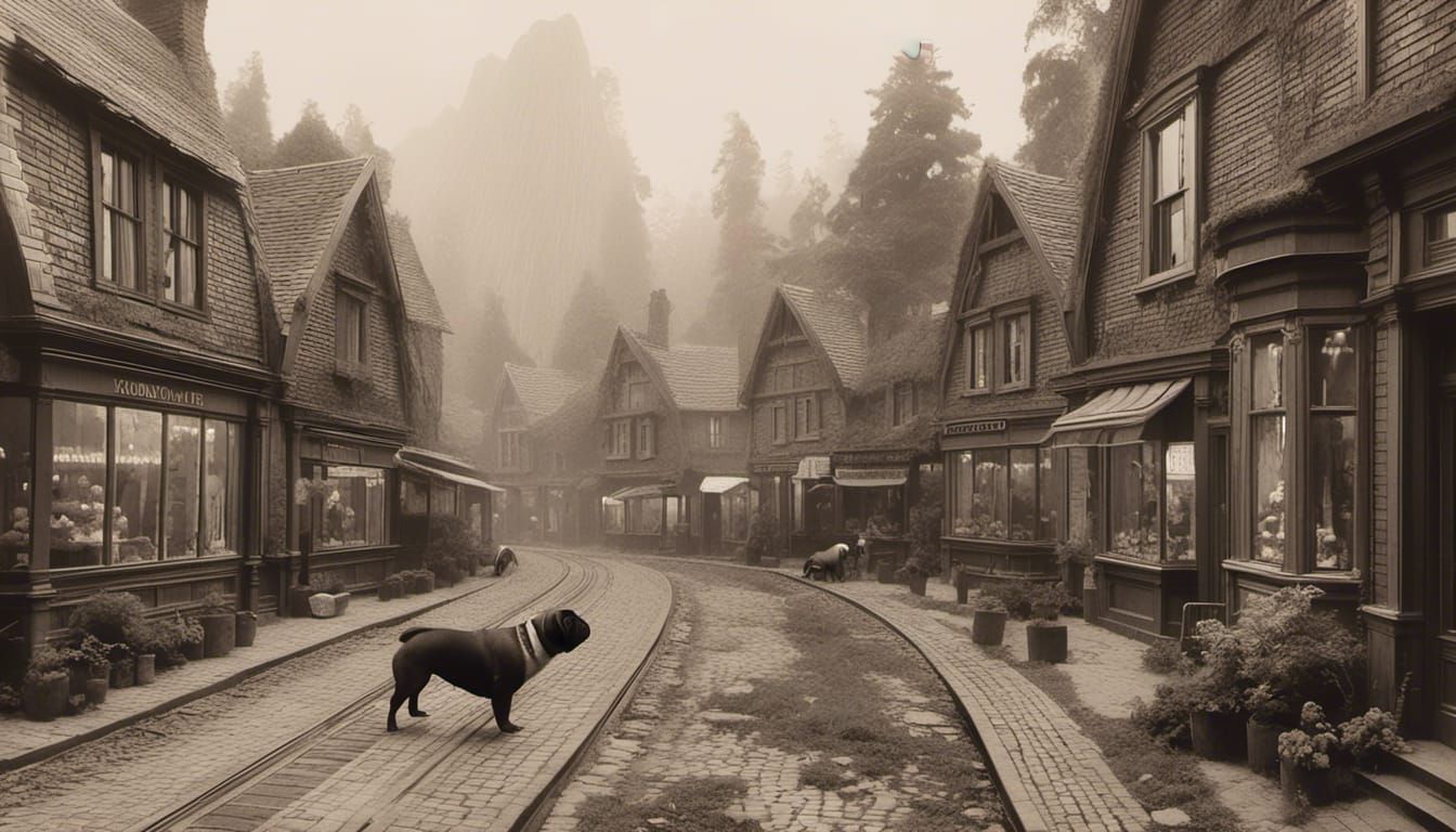 Pugs in Victorian Street Scene, Realistic Style