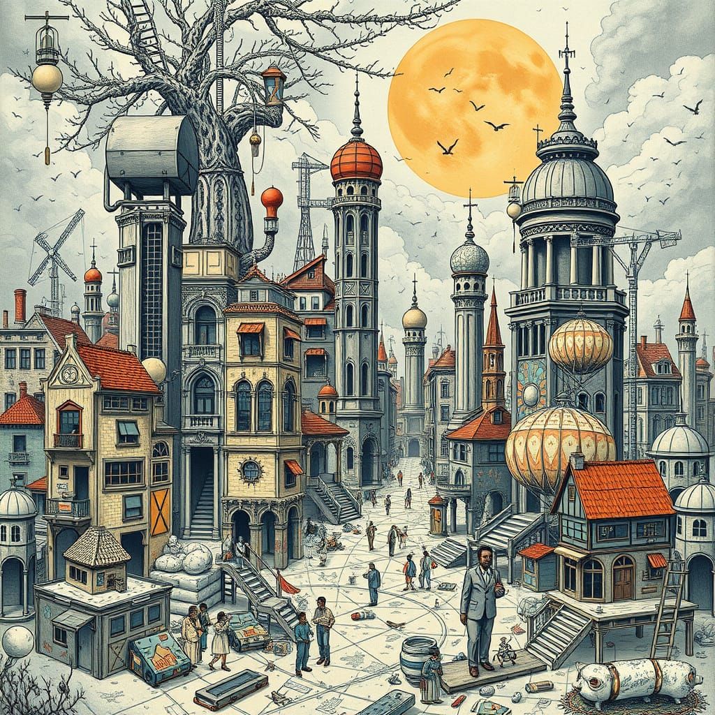 Surreal Geometric Cityscape in Abstraction Style